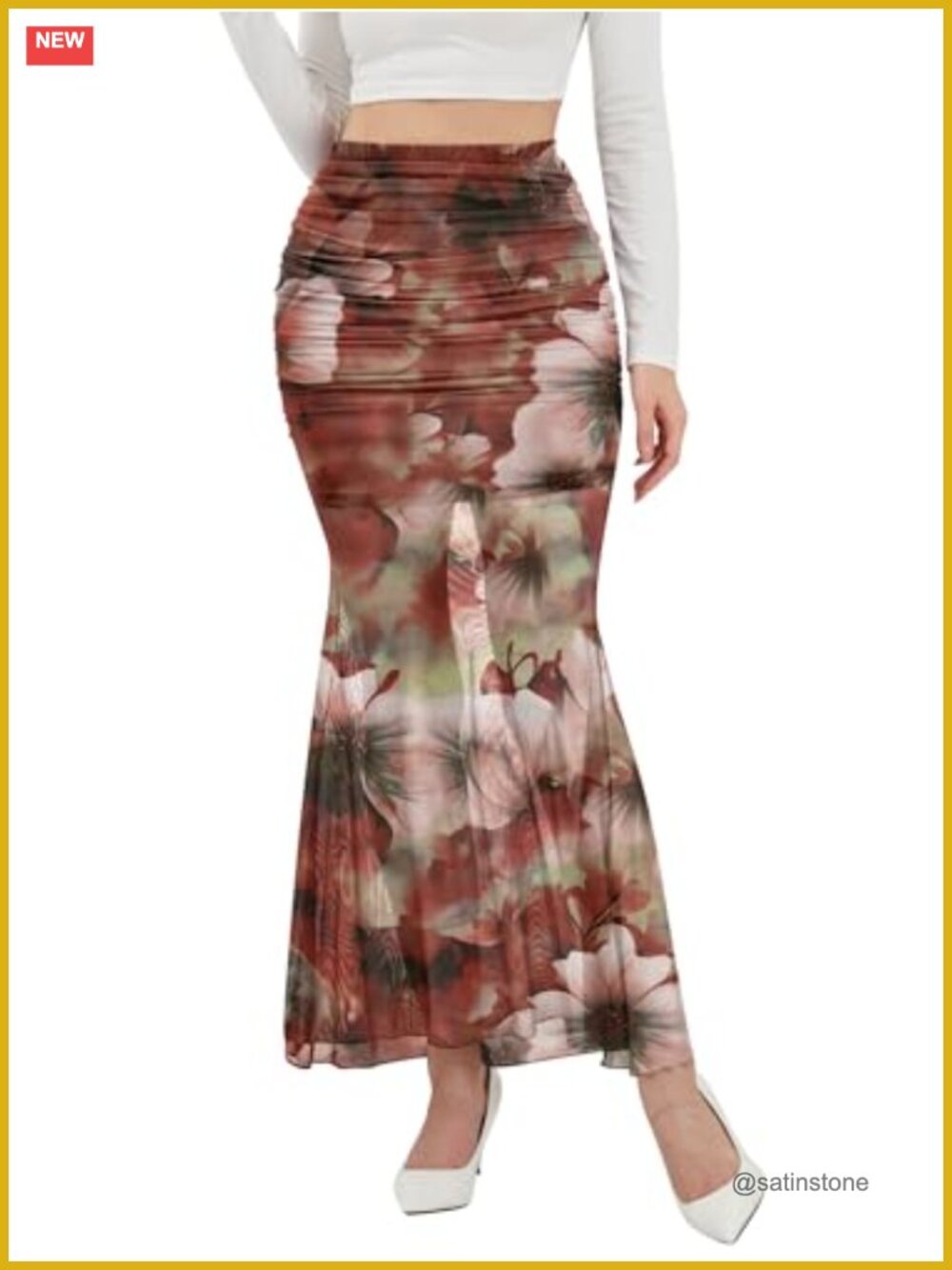 Womens Mesh High Waist Bodycon Maxi Skirt Ruched Fishtail
